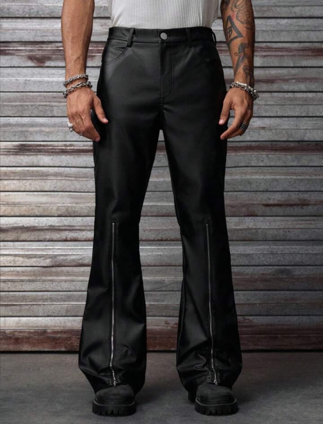 Men's Black Faux Leather Flared Pants with Front Zippers – Retro Streetwear Trousers